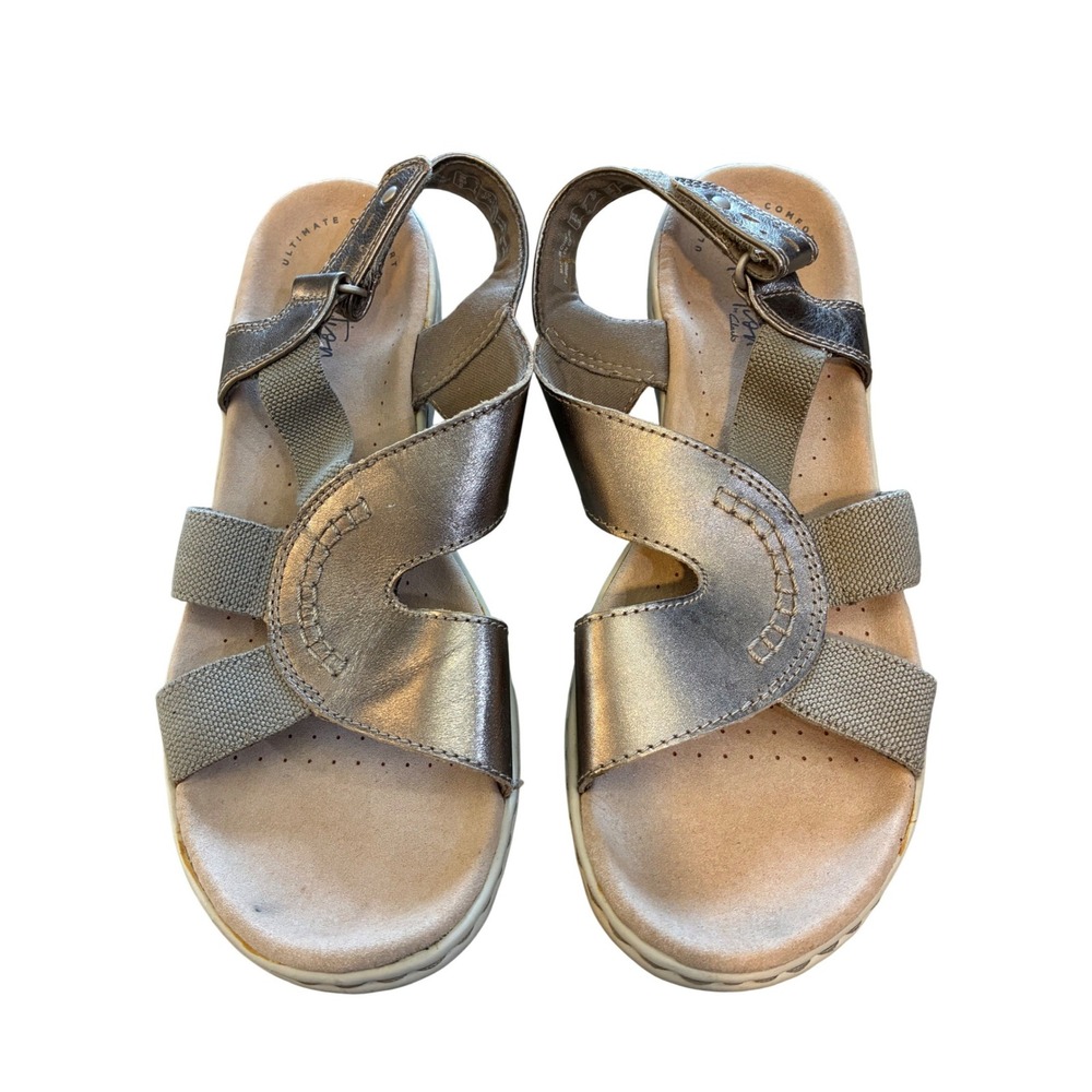 Clarks Collection Sandals Womens Size 7 Pewter Excellent Strappy Comfort